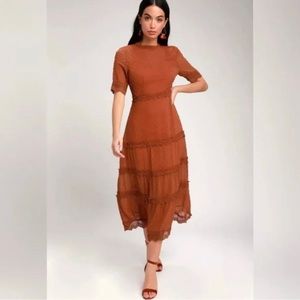 Lulus Dreaming of You Swiss Dot Midi Dress M Rust Orange Sz L sheer lace trim